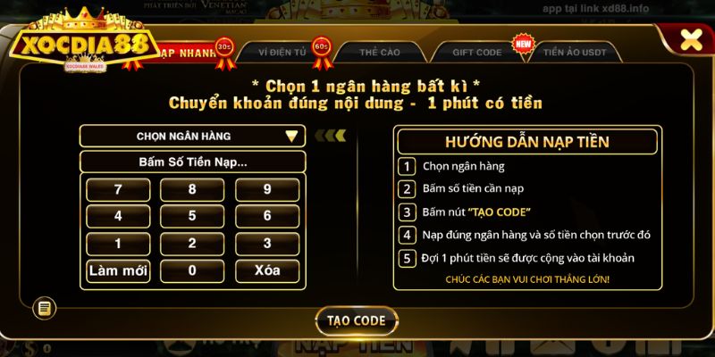 Nạp Rút Tiền xocdia88 1 Cách nạp tiền XOCDIA88
